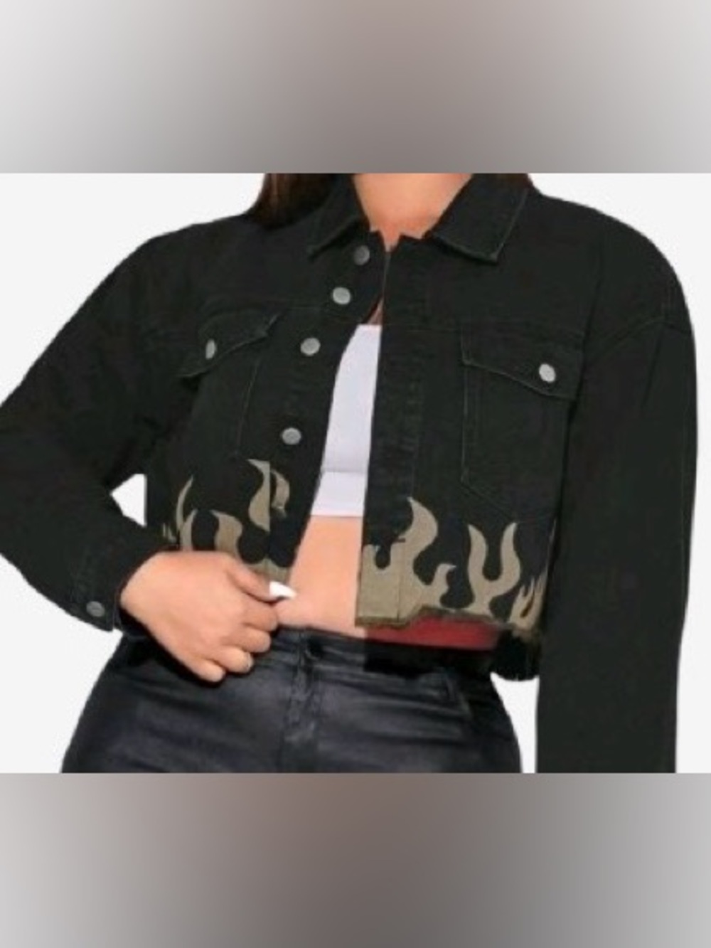 Black Denim Cropped Jacket with Taupe Flames and Raw Hem